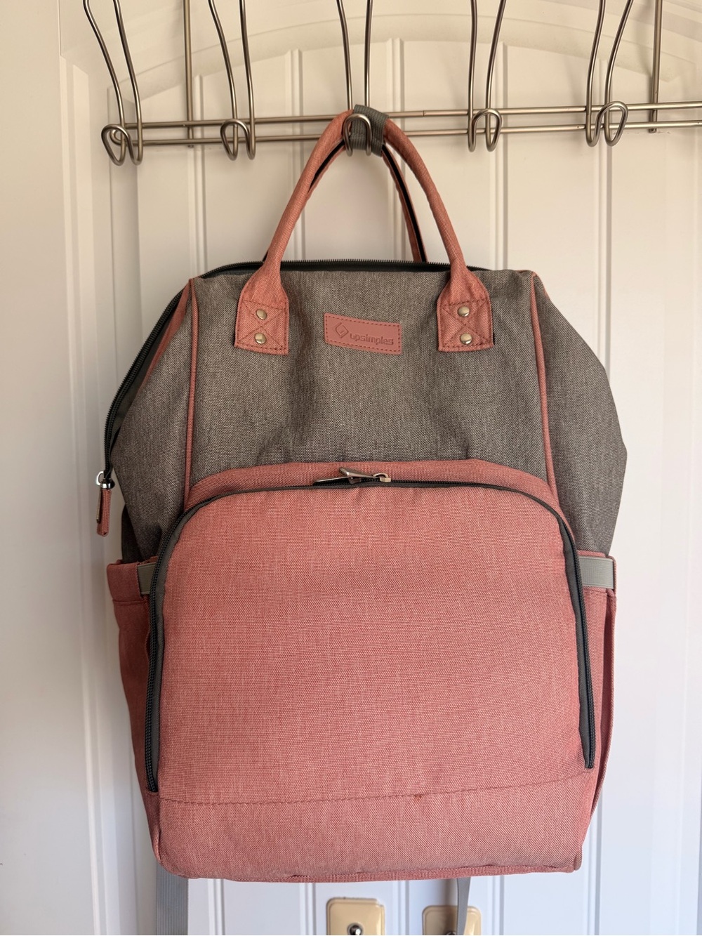 Stylish Two-Tone Women’s Backpack Diaper Bag in Pink and Gray